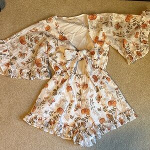 Floral Ruffle Sleeve Jumpsuit - Orange and Cream